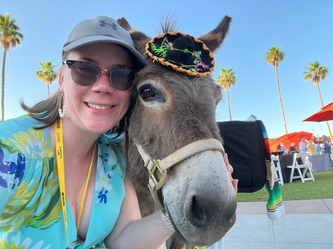 Party Time! Kylie Kiser and a donkey in a sombrero