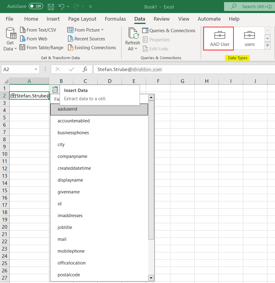 Use Dataverse table ‘AAD User’ for Excel data types from Power BI - 365 ...